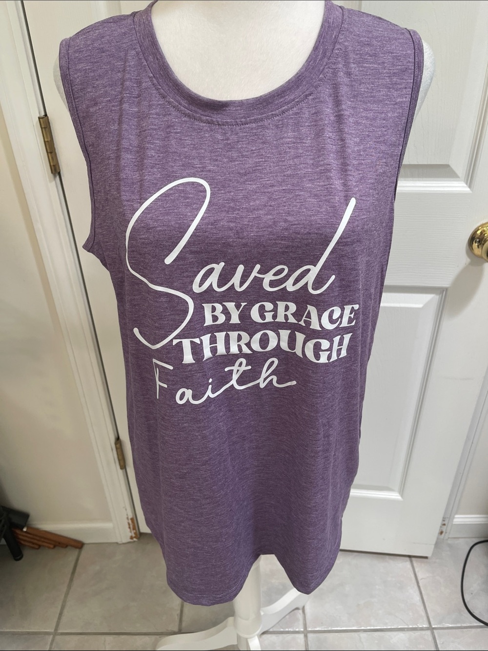Emu Purple Sleeveless Tank with "Saved By Grace Through Faith" Script